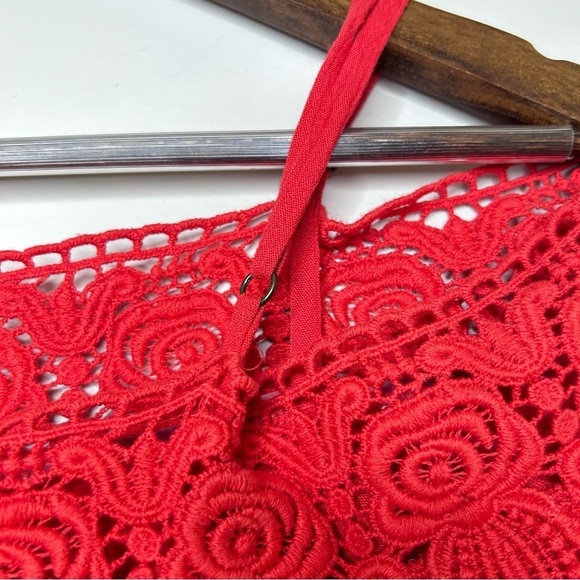 H&M Off-the-shoulder Peasant Blouse Viscose Lace Trim Bright Red Medium - Picture 10 of 12